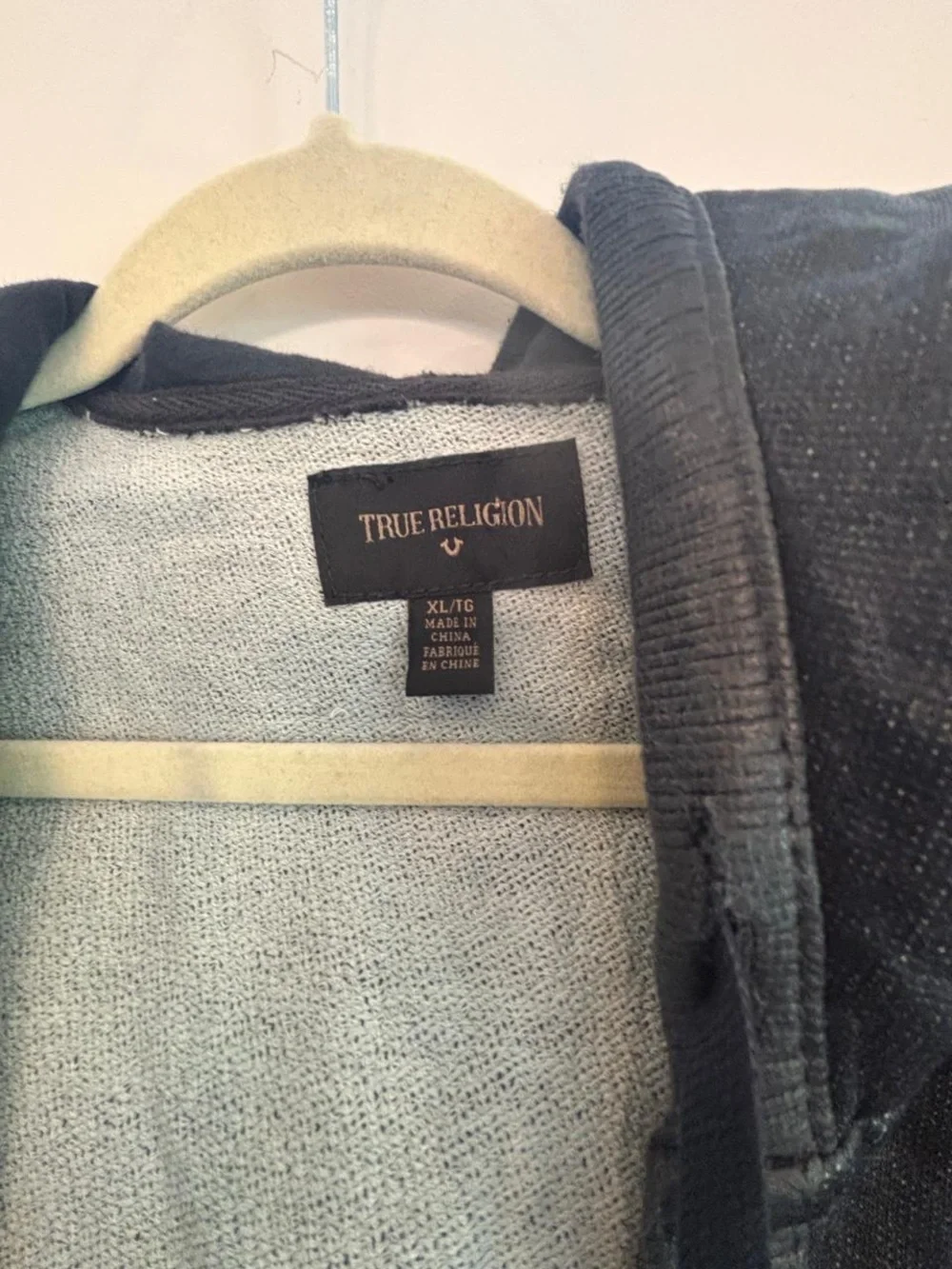 True Religion Zip Up Hoodie Black Coated Denim Men's Size XL Tonal Logo
